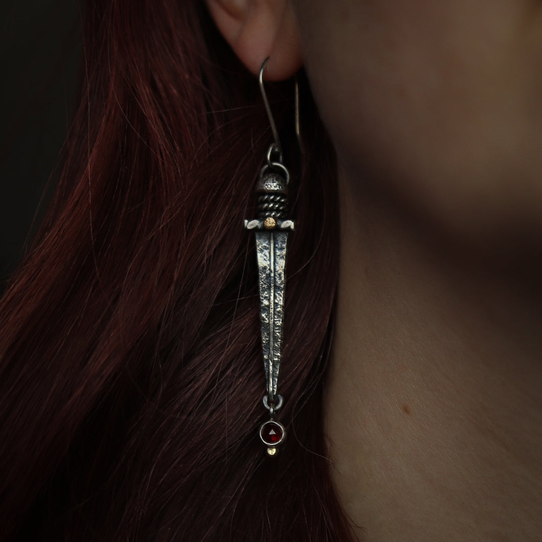 Celtic Sword Earrings With Garnet ✦ Made To Order
